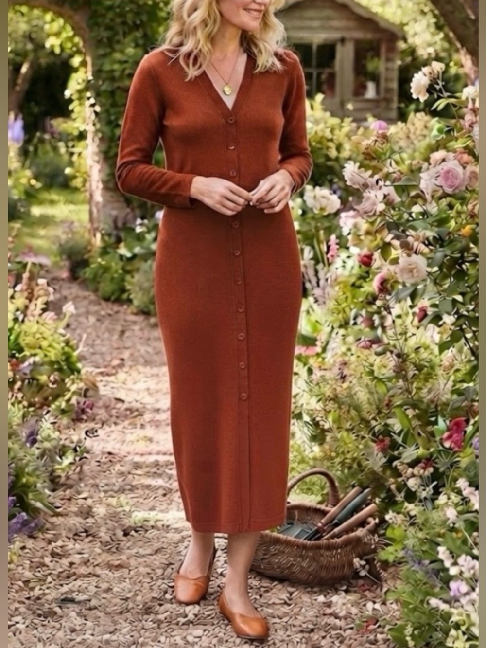 EXPRESS TRICOT rib knit button front maxi dress long sleeve rust NEW size S